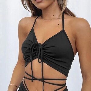 White Fox Boutique Brown Halter Tie Neck Strappy Crop Top
